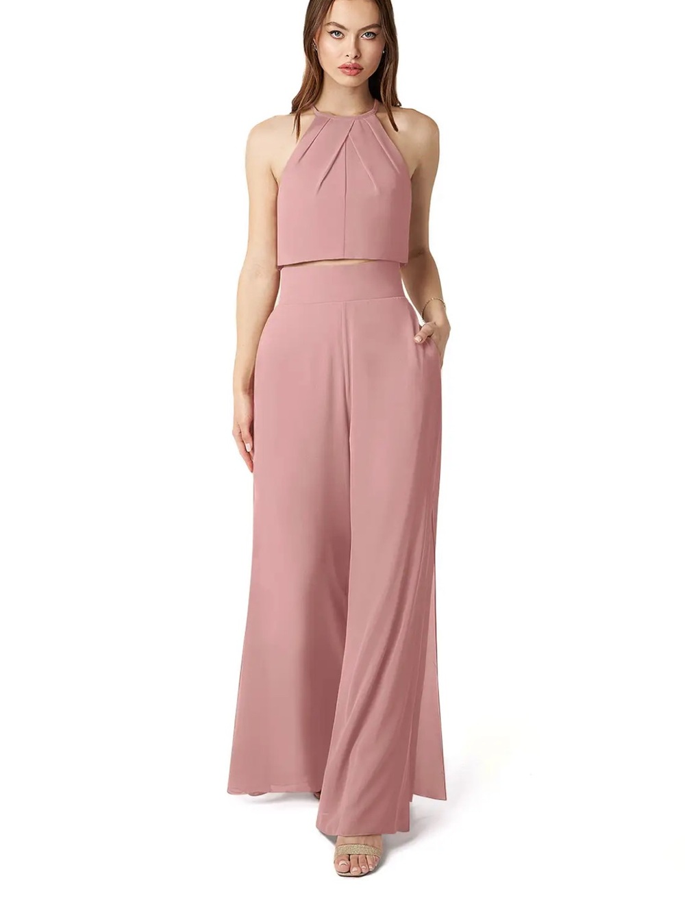 Azazie Dusty Rose High-Neck Wide-Leg Jumpsuit | Size 4